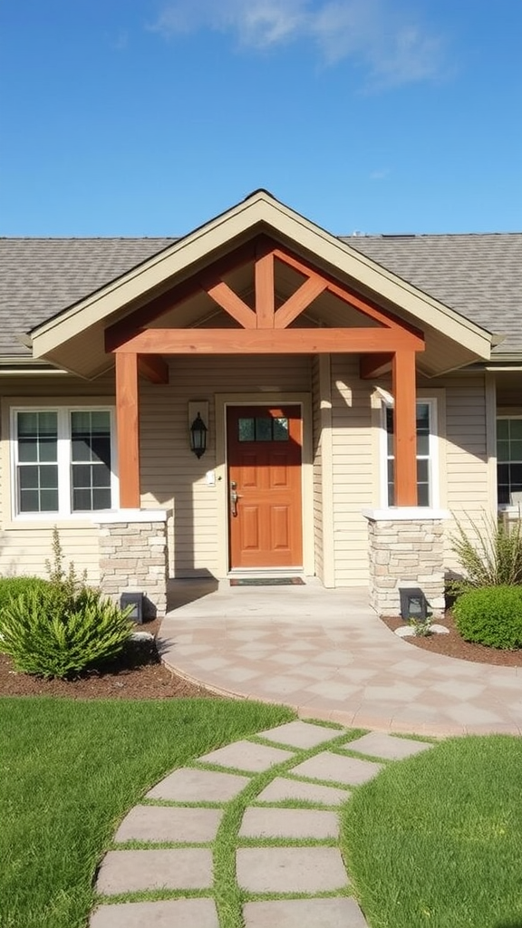 A cozy house entrance with a wooden porch and stone accents.