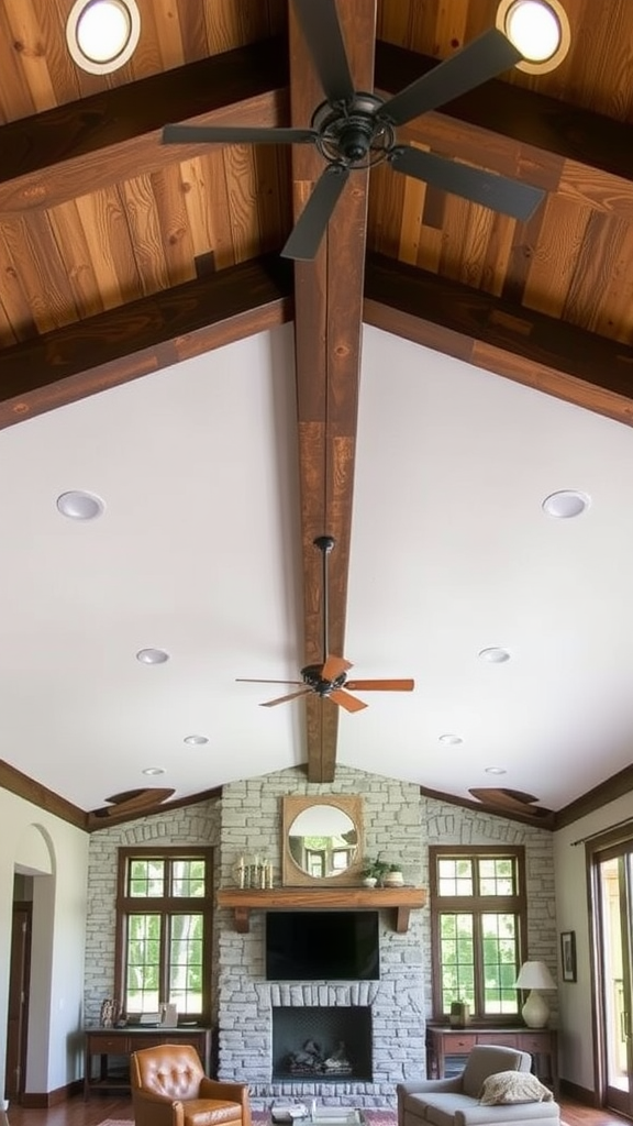 Interior view of a living room with wooden beams and ceiling fans.