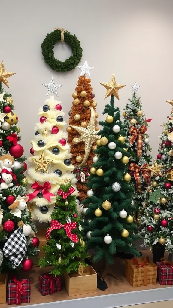 A variety of decorated Christmas trees in different themes, including a festive wreath