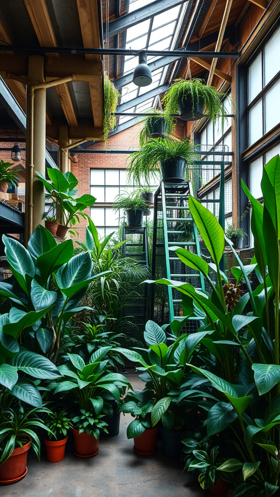 Indoor plants in a well-lit space with large windows and greenery.
