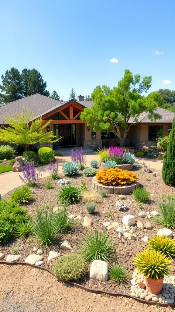 A beautifully landscaped yard featuring various plants, flowers, and a cozy entrance.