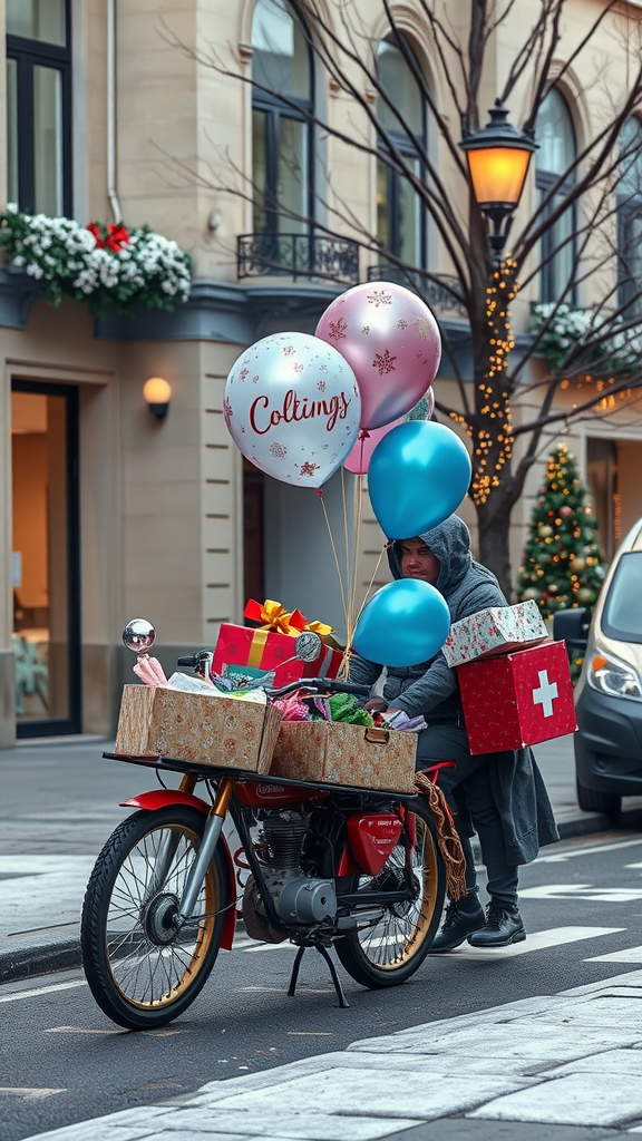 Motorcycle decorated with gifts and balloons for Christmas delivery