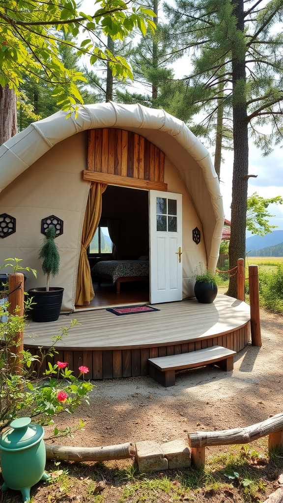 A unique yurt retreat surrounded by trees, featuring a wooden deck and welcoming entrance.