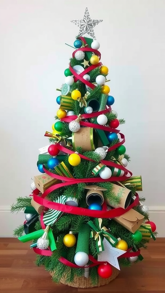 A colorful upcycled Christmas tree decorated with ribbons, colored balls, and recycled materials.