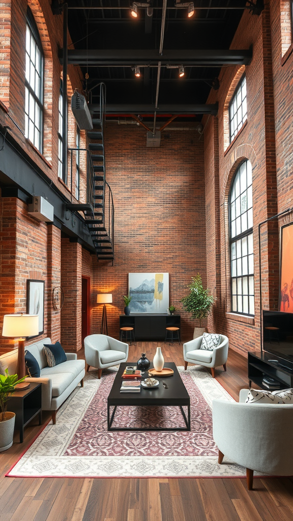 An industrial-style urban loft with brick walls, large windows, and modern furniture.