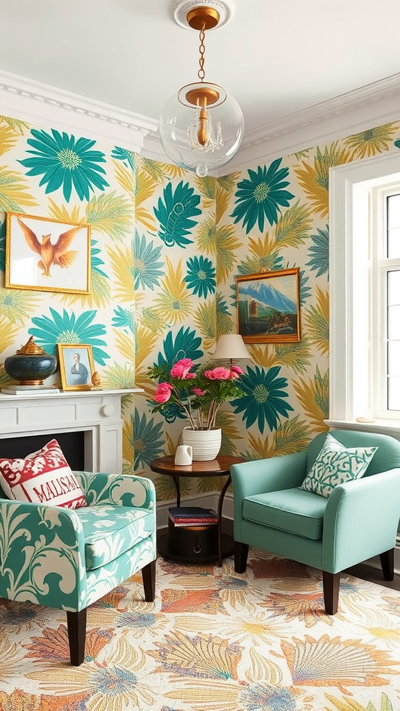 A cozy corner with vibrant floral wallpaper, teal furniture, and decorative elements.