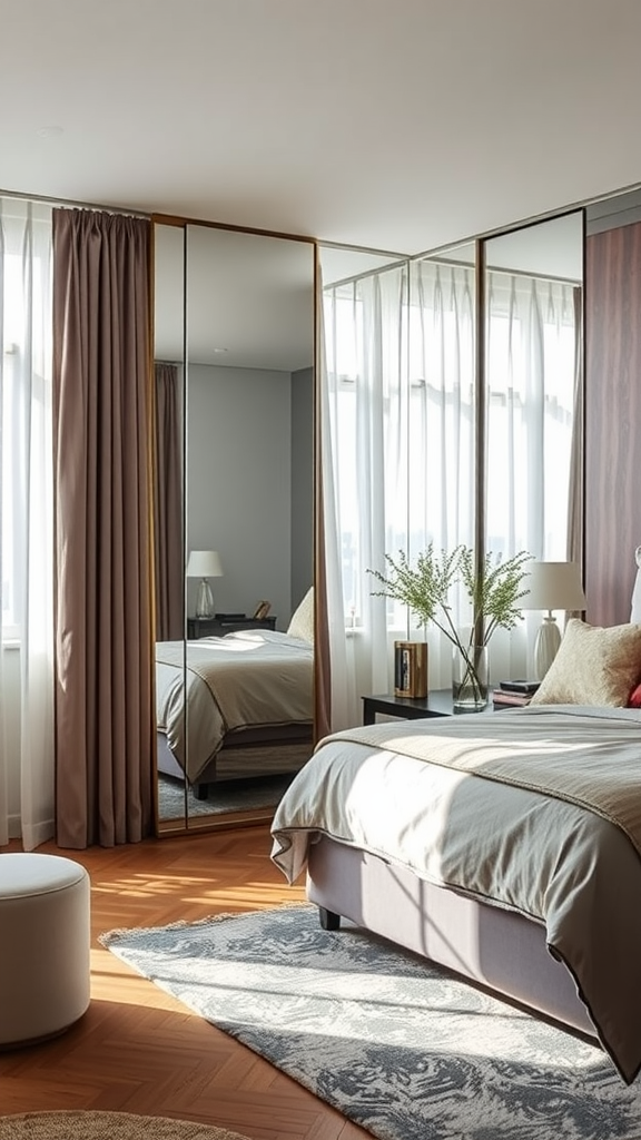 A cozy bedroom featuring large mirrors reflecting natural light, enhancing the room's brightness and openness.