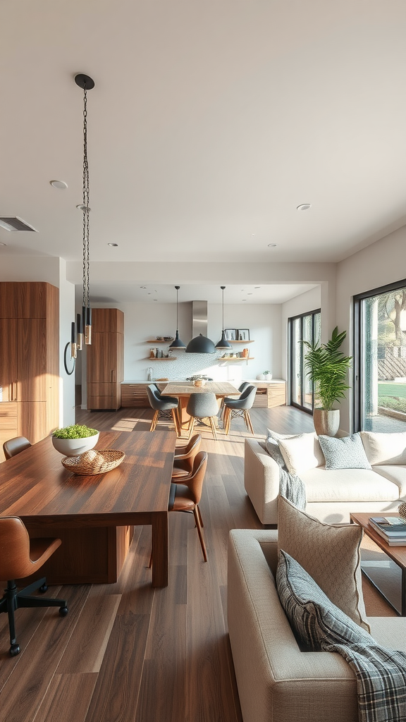 A modern open concept living area featuring a dining table and a cozy seating area with large windows.
