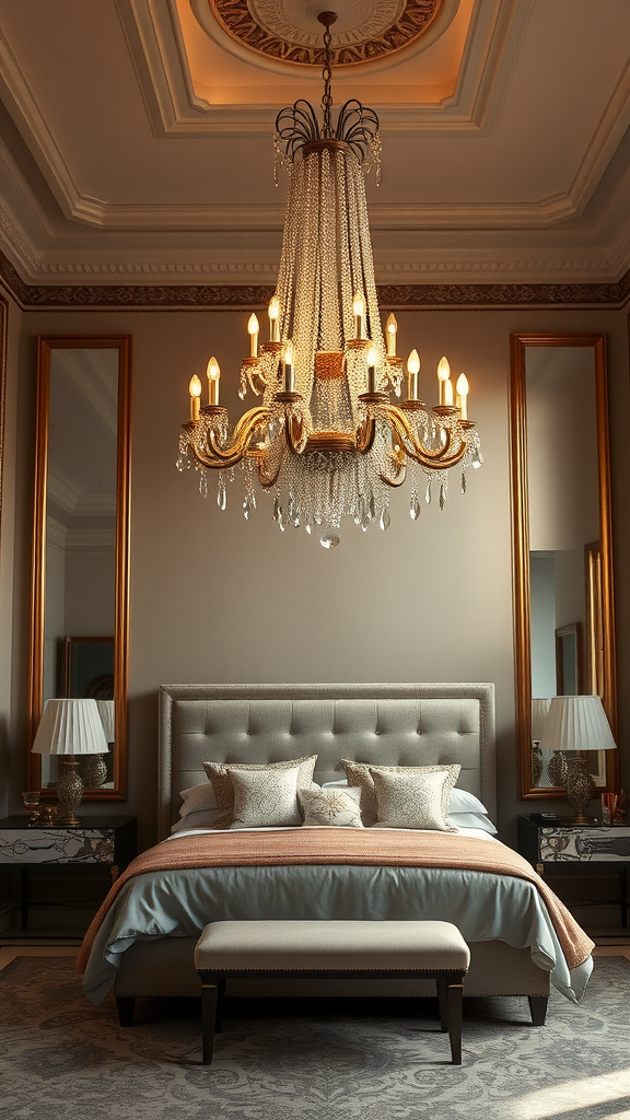 A luxurious bedroom featuring a grand chandelier above a neatly made bed with decorative pillows.