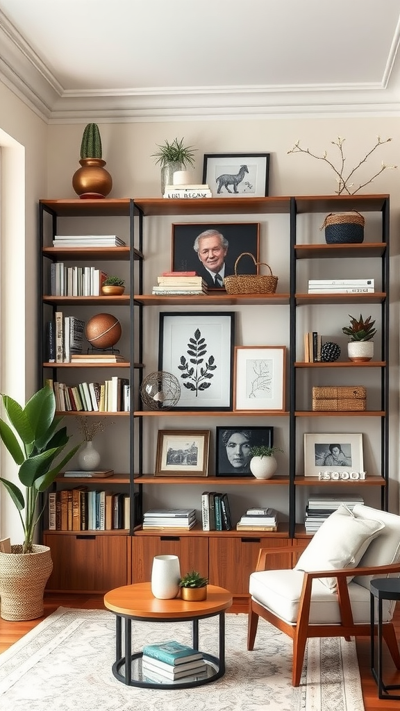 A stylish and organized bookshelf with plants, books, and decorative items in a cozy room.