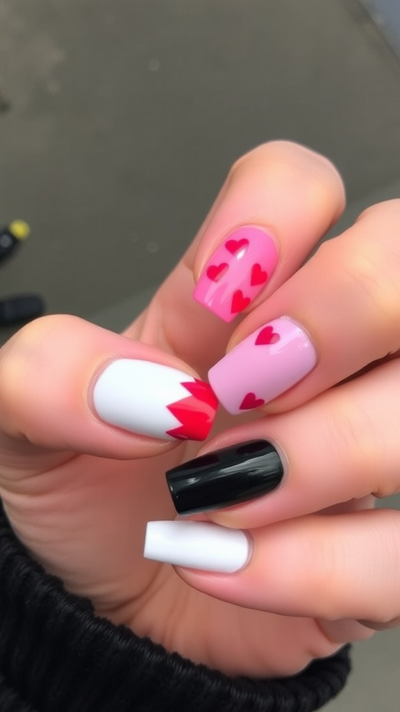 Colorful Valentine's Day themed nails with hearts and various colors.