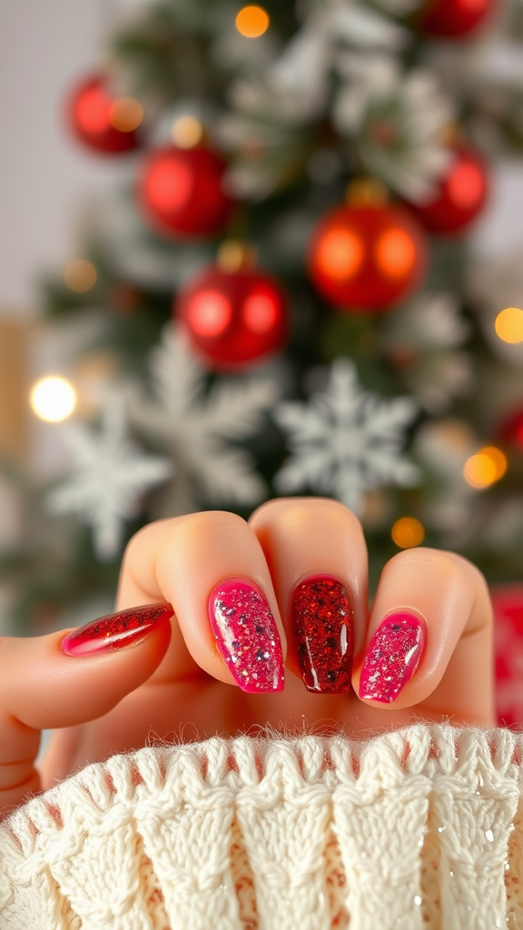 A close-up of beautifully manicured nails with glitter, set against a festive background.