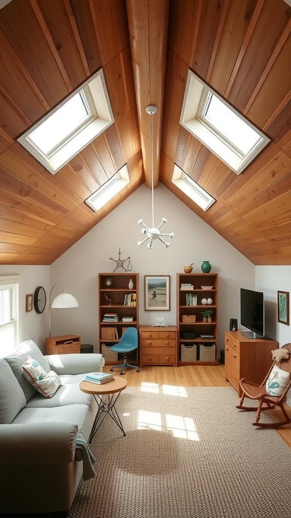 A bright and inviting attic space with wooden beams, skylights, and cozy furniture.