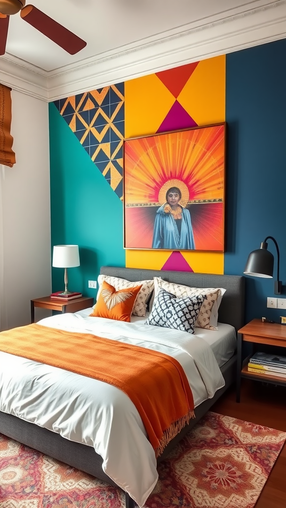 A colorful bedroom with a vibrant accent wall featuring geometric patterns and bold artwork.