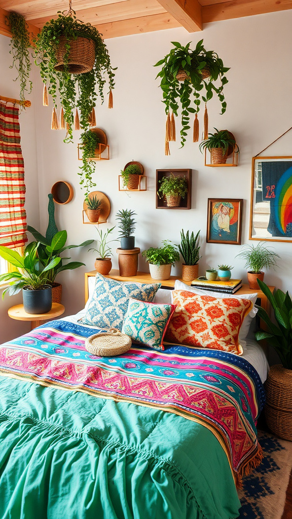 A bohemian style bedroom featuring colorful pillows, a patterned throw blanket, and various plants.