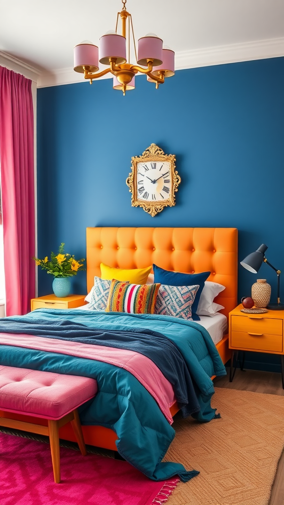 A colorful bedroom featuring a blue wall, orange headboard, pink curtains, and a mix of patterned pillows.