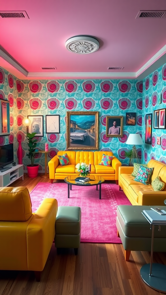 A bright and colorful 80s inspired living room with yellow sofas, pink rug, and vibrant floral wallpaper.