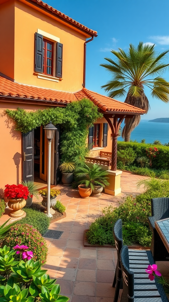 A picturesque Mediterranean villa with colorful flowers and a stunning ocean view.