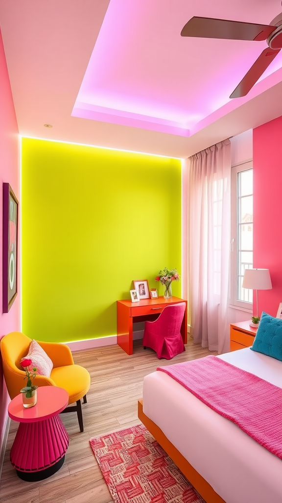A colorful room featuring a neon green accent wall, pink and orange furniture, and bright lighting.