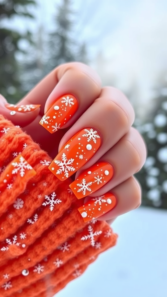 Bright orange nails decorated with white snowflakes, paired with an orange knitted accessory, set against a snowy background.