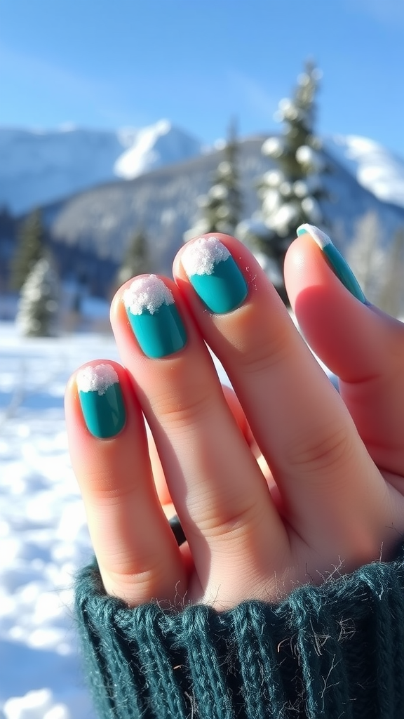 Close-up of hands with teal nails featuring snow-tipped designs in a snowy landscape.