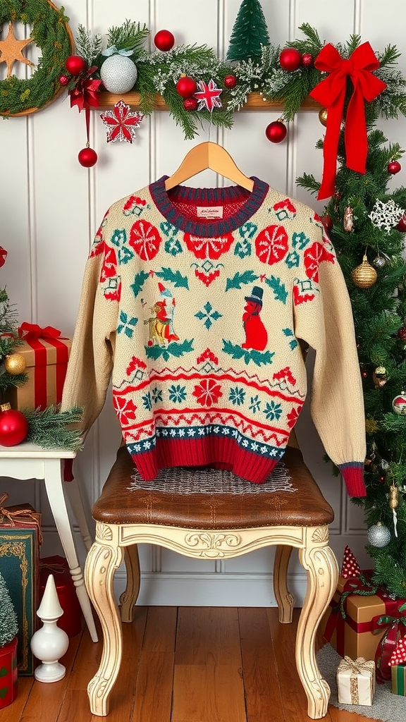 A vintage-inspired holiday sweater displayed with festive decorations.
