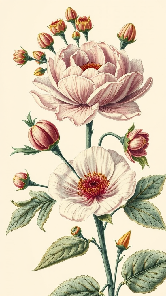A vintage botanical illustration featuring pink and white flowers with multiple buds.