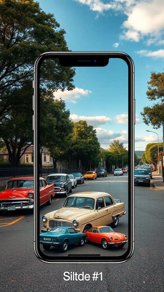 A collection of vintage cars displayed within a smartphone screen, set against a blue sky and trees.