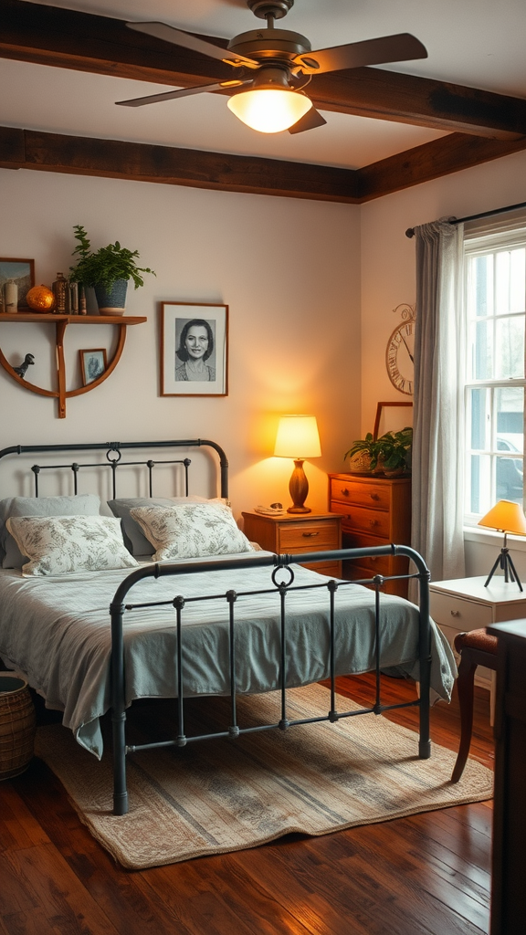 Cozy bedroom with vintage metal bed frame, wooden furniture, and warm lighting