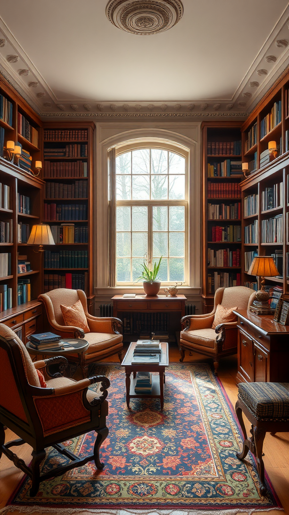 A cozy home library with antique furniture, filled with books, warm lighting, and a potted plant by the window.