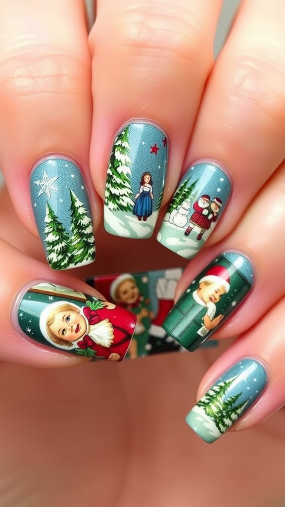 Nail art featuring vintage Christmas designs with Santa, a snowman, and children in a wintry scene.