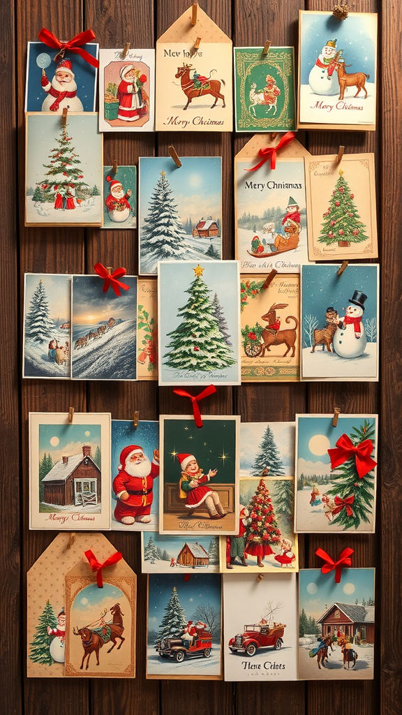 A collection of vintage Christmas cards decorated with festive images, including Santa, Christmas trees, and winter scenes.