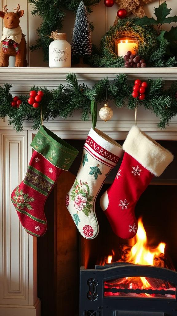 A fireplace adorned with vintage Christmas stockings, decorated garland, and festive ornaments.