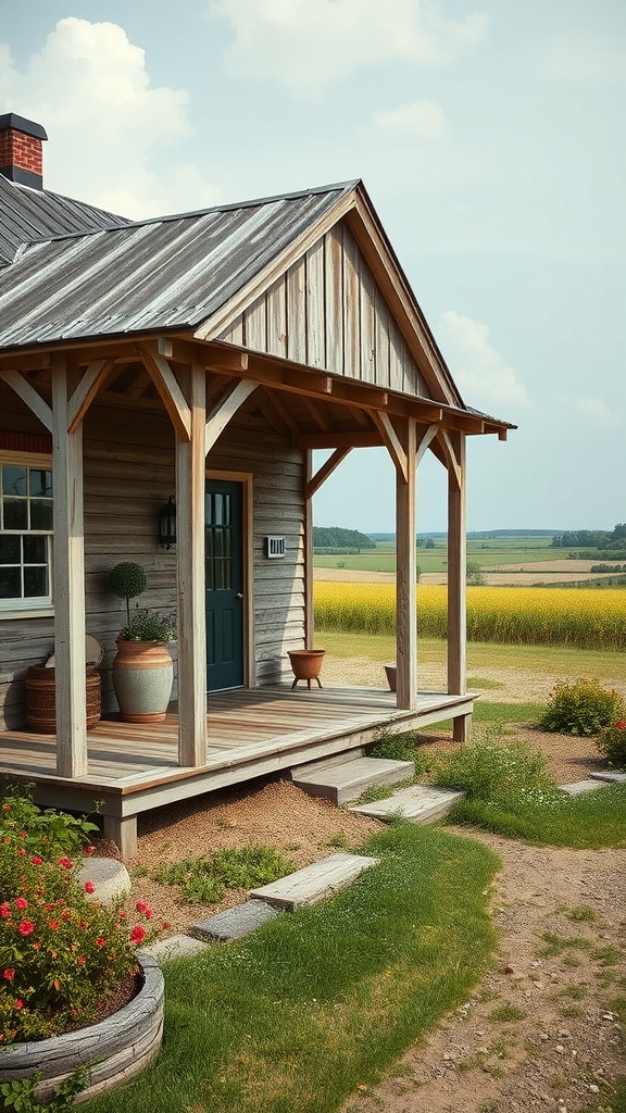 A vintage farm cottage with a wooden porch and potted plants, set against a scenic field.