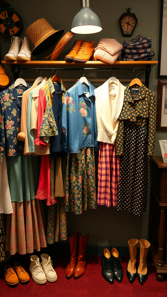 A display of vintage clothing, including floral dresses, polka-dotted outfits, and various shoes and hats.