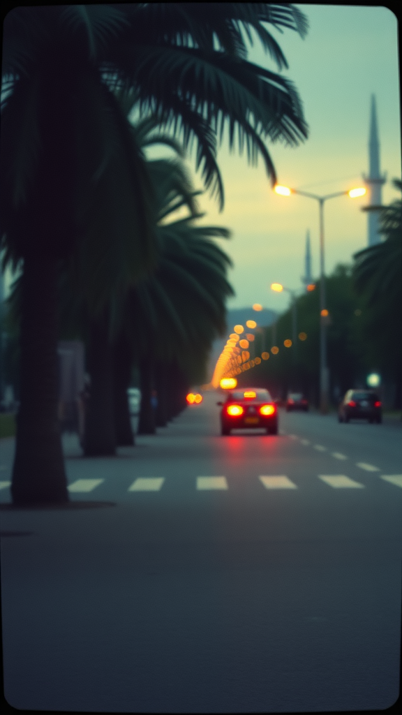 A street lined with palm trees in a vintage film style, featuring glowing streetlights and a car in the distance.