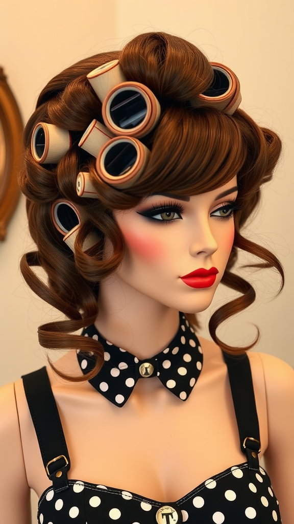 A mannequin with vintage rollers in her hair, showcasing a classic hairstyle.