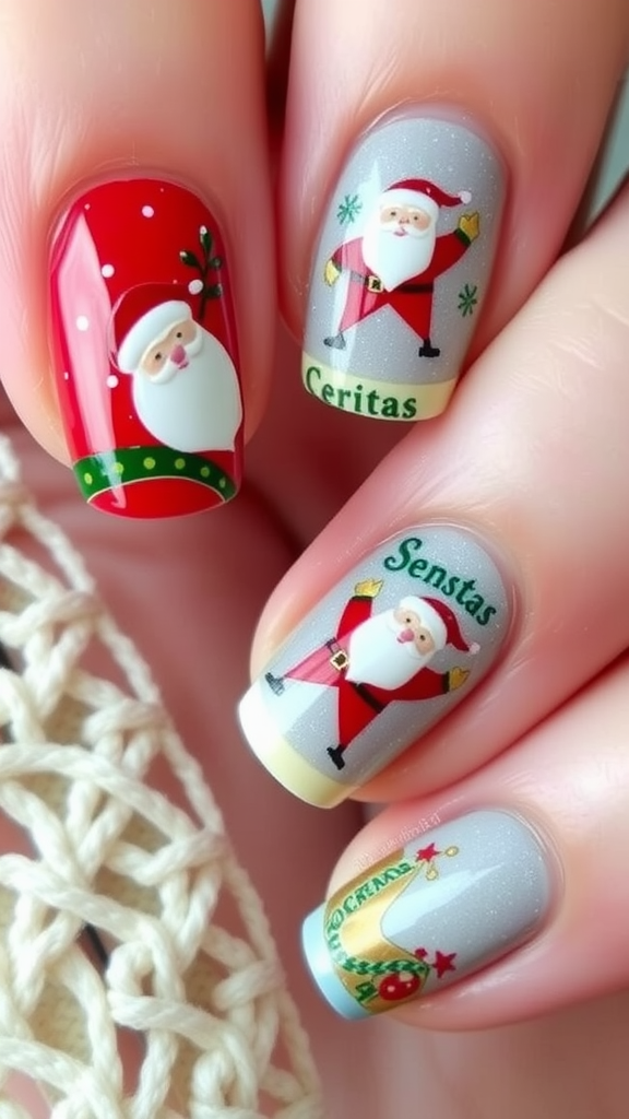 Nail art featuring vintage Santa designs in red and gray.