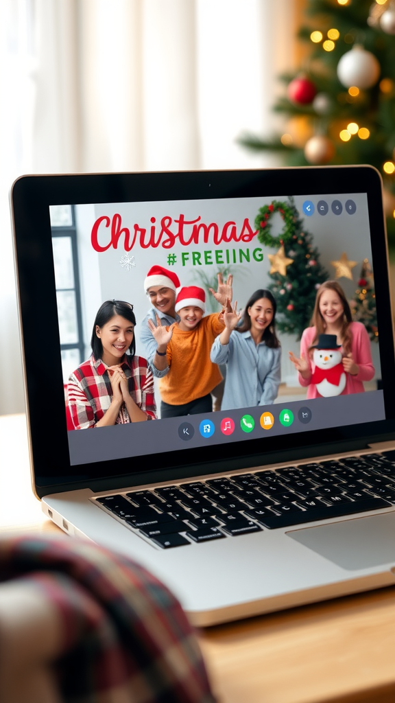 A laptop showing a virtual Christmas gathering with friends celebrating together.