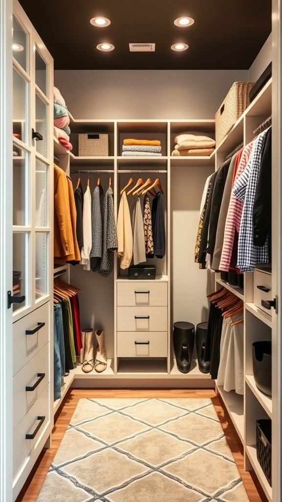 A neatly organized walk-in closet with shelves, drawers, and hanging space for clothes.