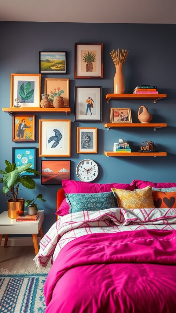 A cozy bedroom featuring vibrant wall-mounted display shelves with art and decor.