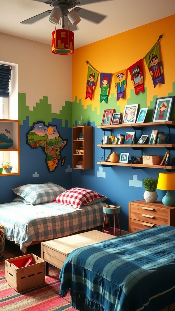 A vibrant and playful bedroom with colorful wall decorations, including a map of Africa and animated character banners.