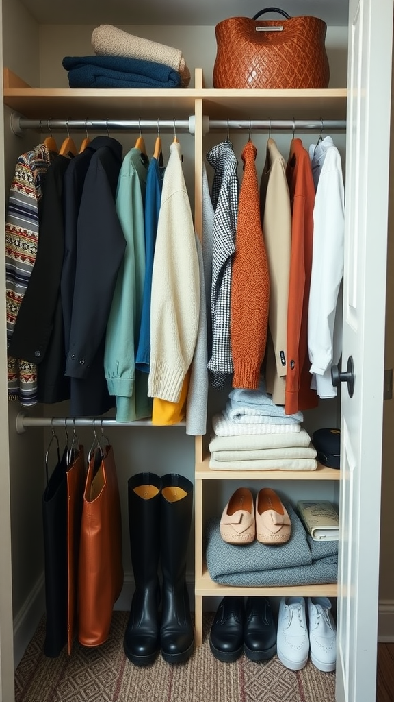 A neatly organized closet with a variety of clothing items including jackets, sweaters, and shoes.