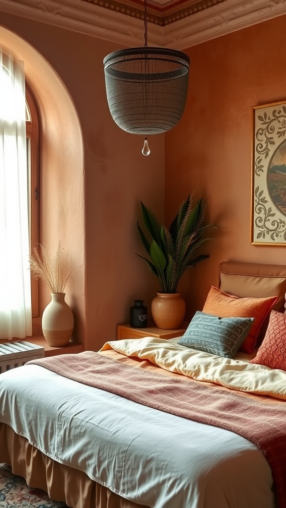 A cozy bedroom featuring warm earth tones with terracotta walls, layered bedding, and potted plants.