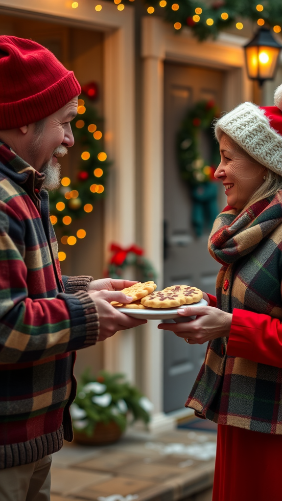 Two neighbors exchanging cookies in a festive setting