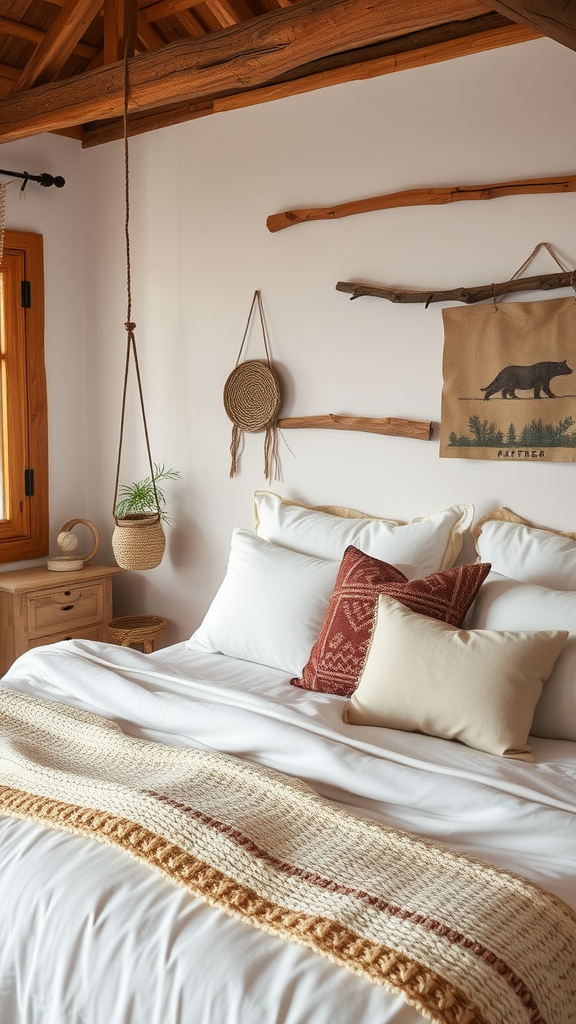 Cozy rustic bedroom featuring wooden beams, soft bedding, and natural decor elements.
