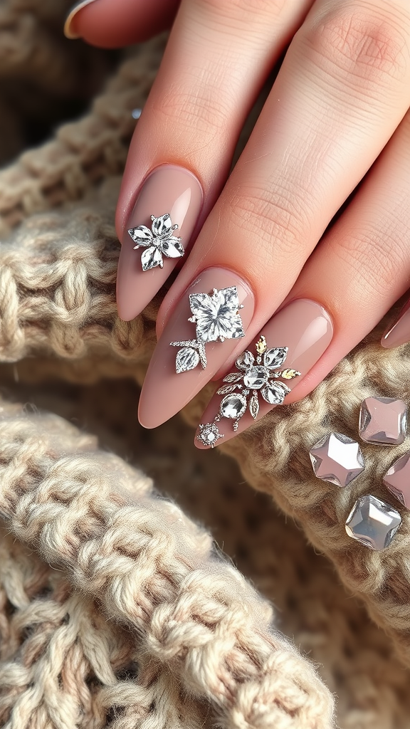 Nail design featuring warm taupe color with crystal embellishments.