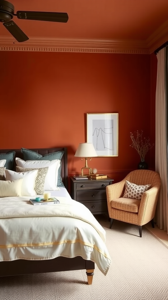 A cozy bedroom with warm terracotta walls, cream bedding, and a comfortable chair.