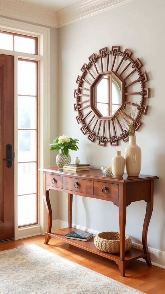 A cozy entryway featuring a wooden console table, decorative vases, and a stylish mirror.