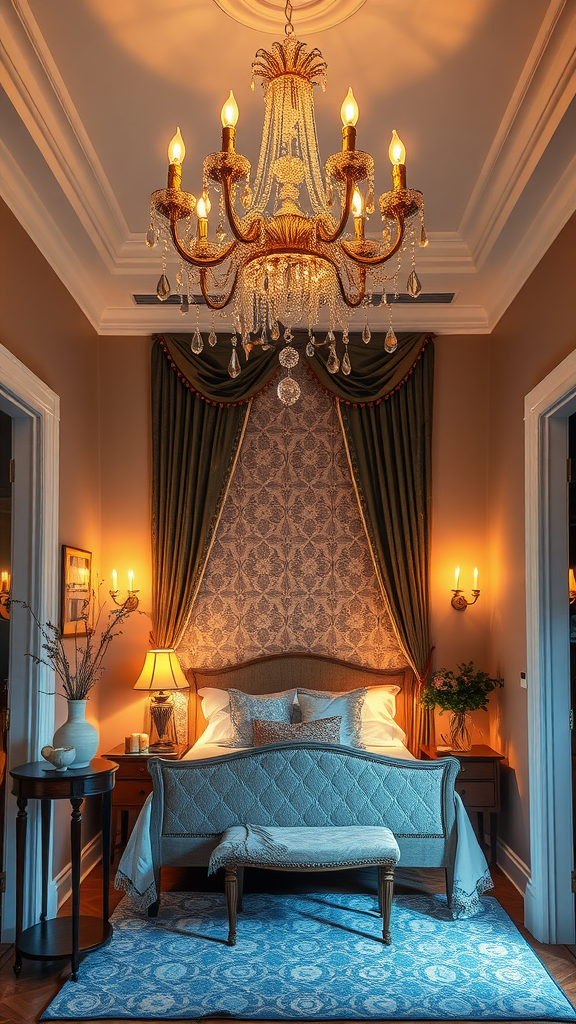 Elegant bedroom with a statement chandelier and rich decor